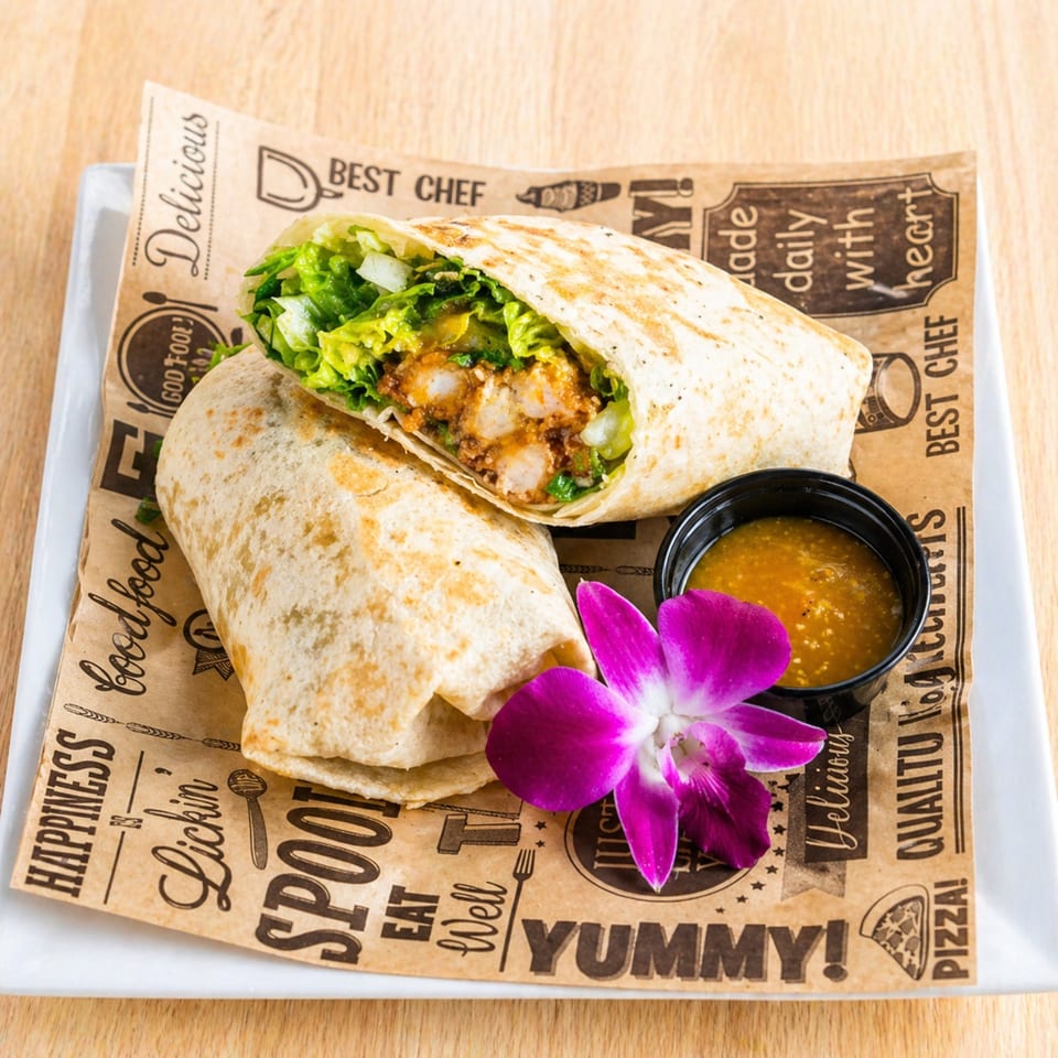 Two shrimp wraps with lettuce, a side of sauce, and a purple orchid on branded paper.
