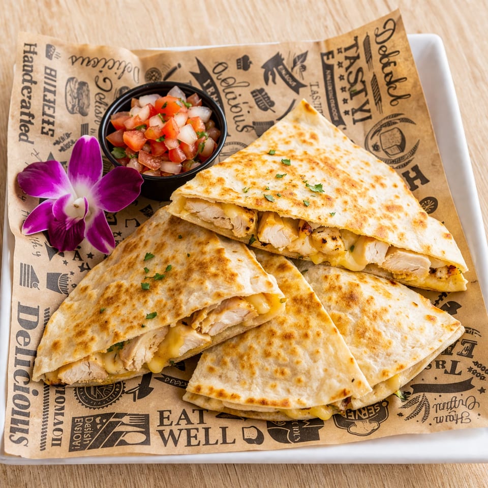 Chicken quesadillas with melted cheese and a side of pico de gallo, garnished with an orchid.