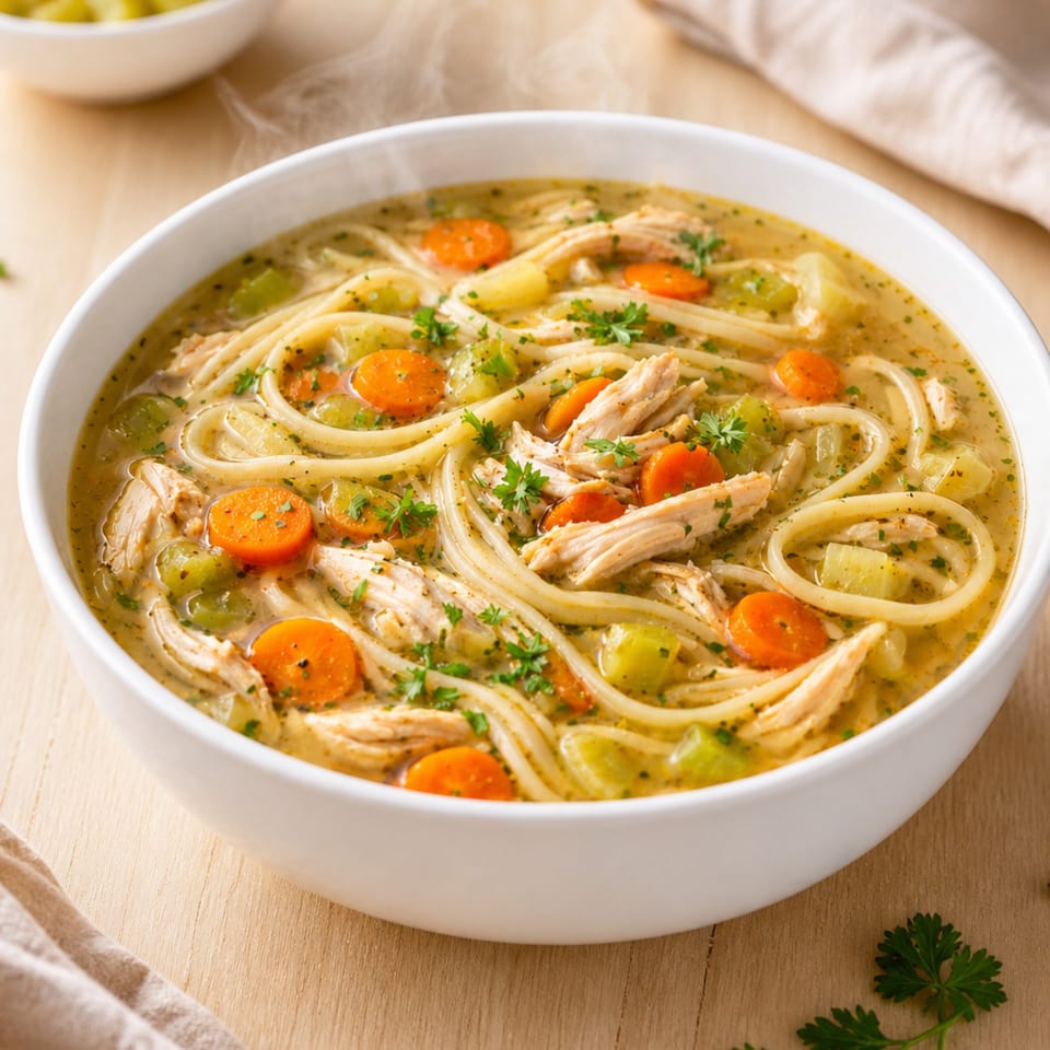 Steaming bowl of chicken noodle soup with carrots, celery, and parsley on a wooden table.