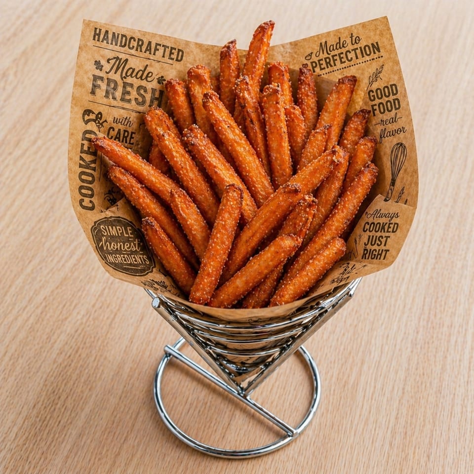 Sweet potato fries in a metal holder lined with branded brown paper, on a wooden table.